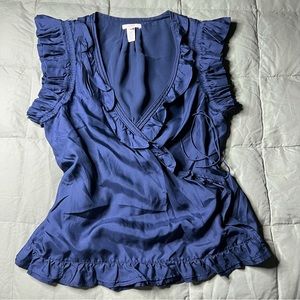 J CREW dark blue silk sleeveless wrap top with ruffle trim